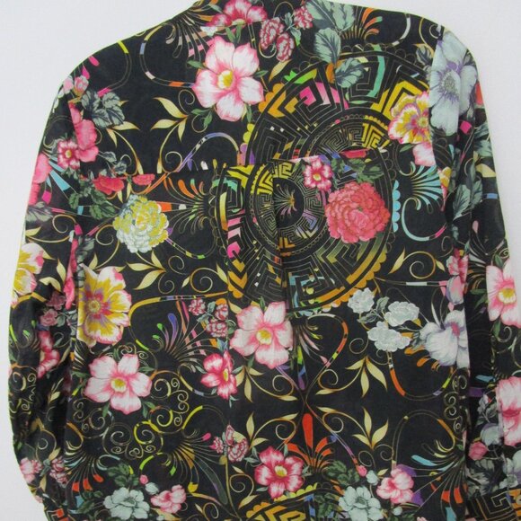 Vivid Floral Black Top Blouse Poly Keystone Bohemian - Picture 10 of 11